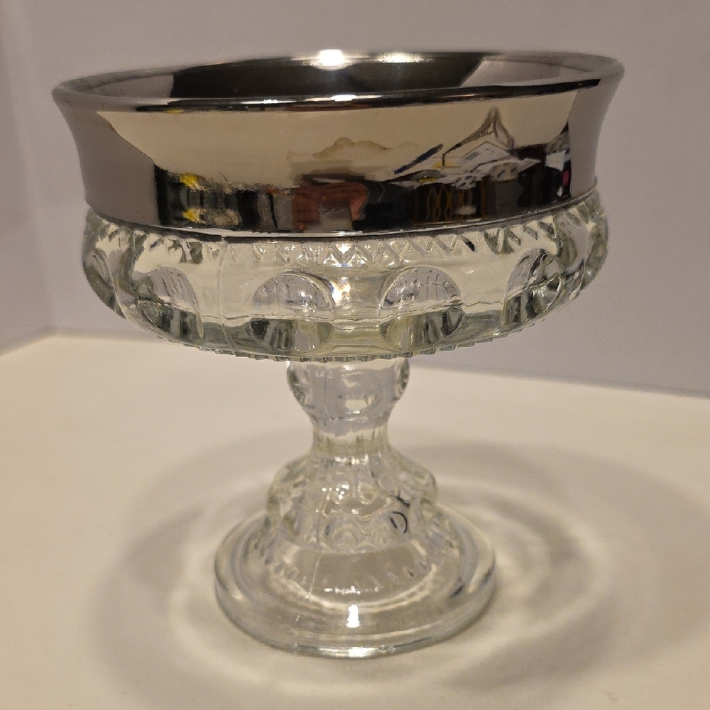 Vintage Indiana Glass King's Crown Compote With Platinum Band 5.25" Tall
